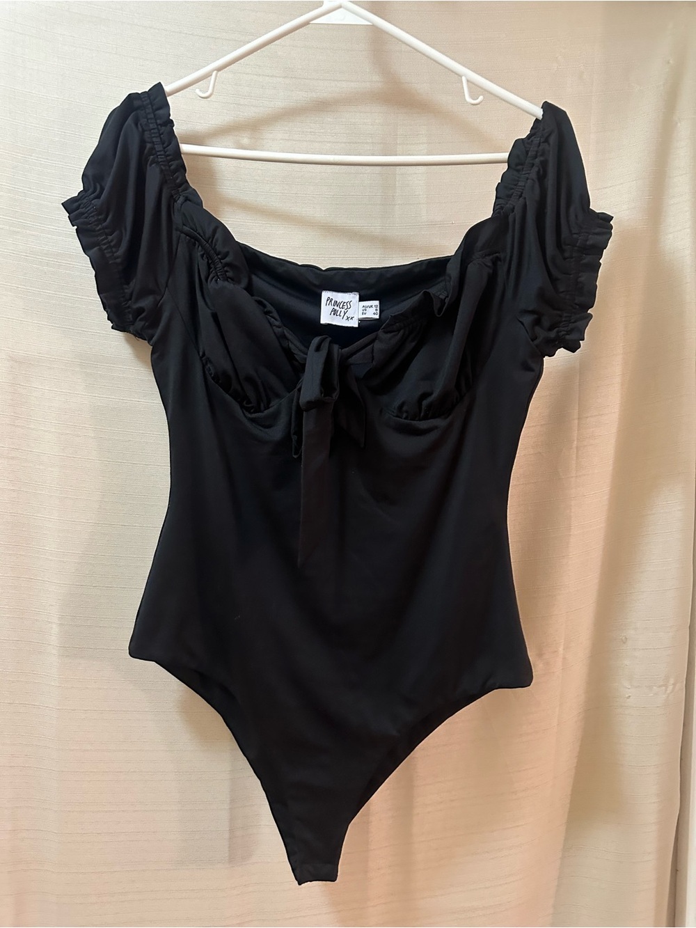 Princess Polly Black Puff Sleeve Bodysuit Square Neck Tie Front Size 8